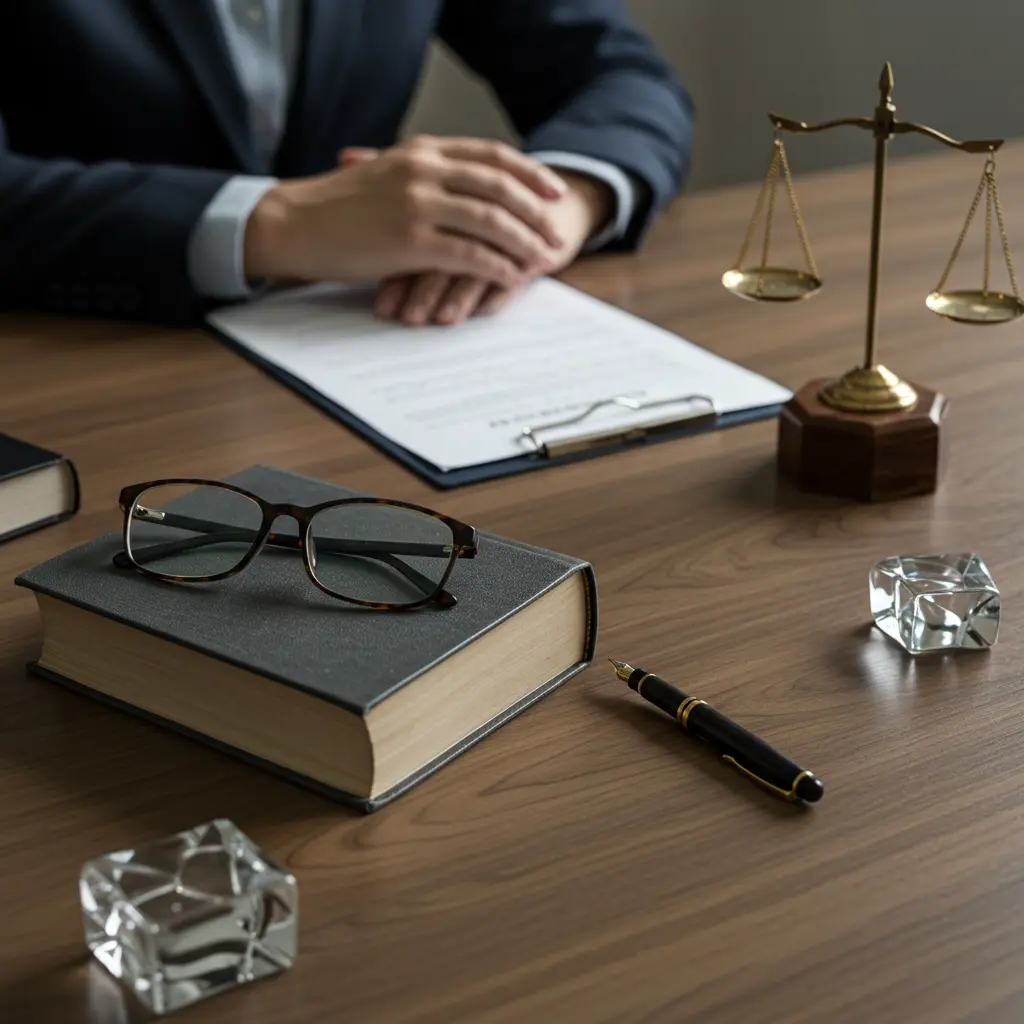 وکیل متخصص اعتراض به رأی کمیسیون ماده ۱۲، همراه با نمادهای حقوقی مانند کتاب قانون، ترازو و عینک