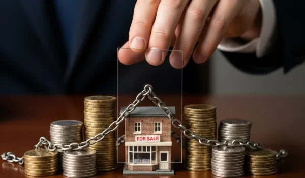 دست وکیل در حال قرار دادن سپر شیشه‌ای برای محافظت از مغازه و سرمایه آن در برابر چالش‌های قانونی (زنجیر)، نماد جلوگیری از اسقاط حق سرقفلی.