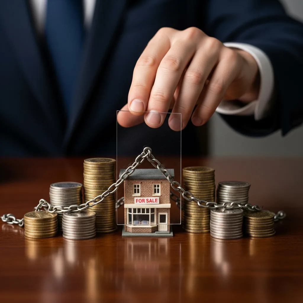 دست وکیل در حال قرار دادن سپر شیشه‌ای برای محافظت از مغازه و سرمایه آن در برابر چالش‌های قانونی (زنجیر)، نماد جلوگیری از اسقاط حق سرقفلی.