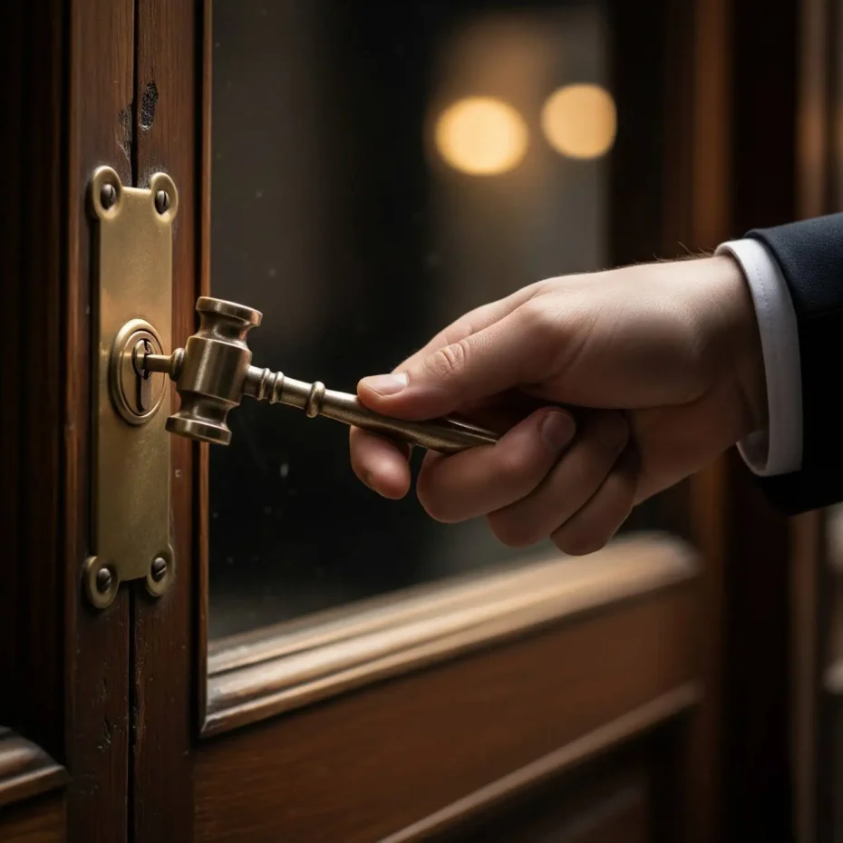 انتقال سرقفلی بدون رضایت مالک: وکیل متخصص سرقفلی در تهران 2 دست وکیل در حال باز کردن قفل درب مغازه با کلیدی به شکل چکش عدالت، نماد دعوای تجویز انتقال منافع.