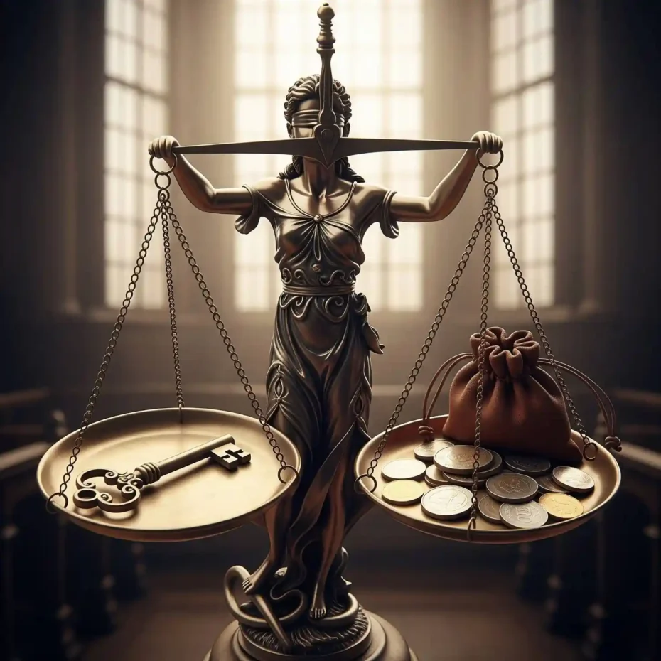 انتقال سرقفلی بدون رضایت مالک: وکیل متخصص سرقفلی در تهران 3 ترازوی عدالت در حال سنجش ارزش یک کلید قدیمی (حق کسب و پیشه) در برابر یک کیسه پول (حق مالکانه)