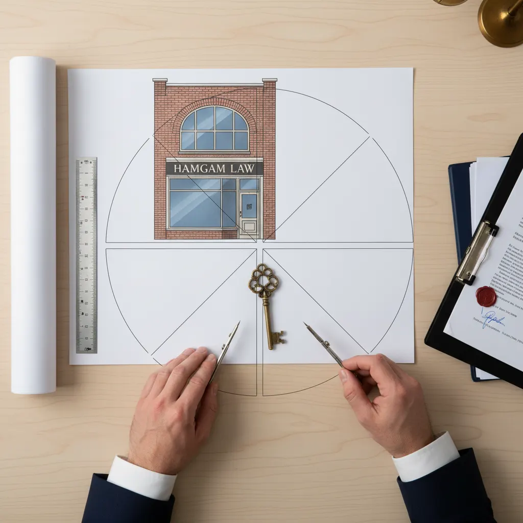 نمای بالا از نقشه مهندسی یک مغازه که دست‌های وکیل با ابزار دقیق در حال تقسیم آن به بخش‌های مساوی است؛ نماد تقسیم قانونی و عادلانه ارث سرقفلی