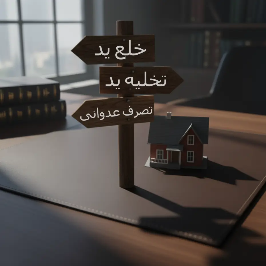 خلع ید ملک مشاع: راهنمای کامل دعوای حقوقی علیه شریک ملک 3 تصویر مفهومی تفاوت خلع ید با تخلیه ید و تصرف عدوانی، یک تابلو با سه راهی قانونی مختلف برای ملک.