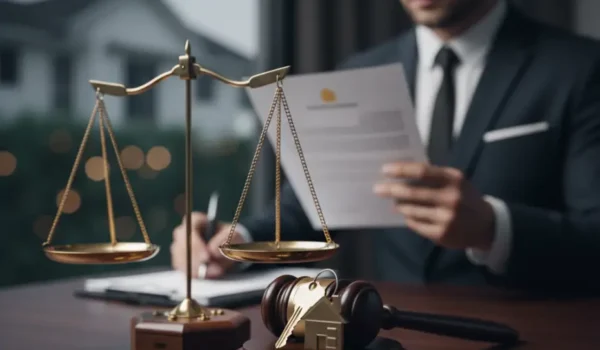 وکیل تصرف عدوانی در حال بررسی اسناد، با چکش و ترازوی عدالت و کلید خانه روی میز